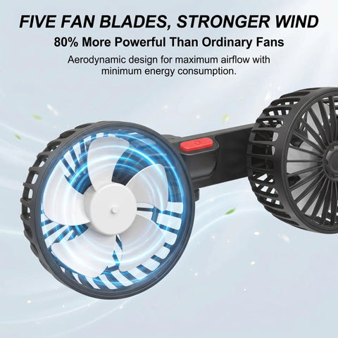 Image of Dual Head Backseat Car Fan With 360 Swivel Rotation Plus Usb Powered Design, showcasing five blades for strong airflow.