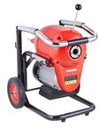 Heavy Duty 120 Foot Manual Feed Sewer Drain Auger Machine Loaded With An 1100W Motor And Premium Hardened Steel Cable on wheels for easy mobility.