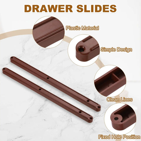 8 Set 300mm Brown Plastic Drawer Slides With Screws Side Mounted Grooved Guide Rails For Cabinets Dressers And Wardrobes No Sweat Install With Rock Solid Glide close-up view of drawer slides highlighting plastic material and fixed hole position