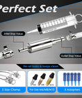 One Way Brake Bleeder Kit with 100ml Syringe, 50cm Hose, adapters, clamps, and pressure caps for cars and motorcycles fluid exchange.