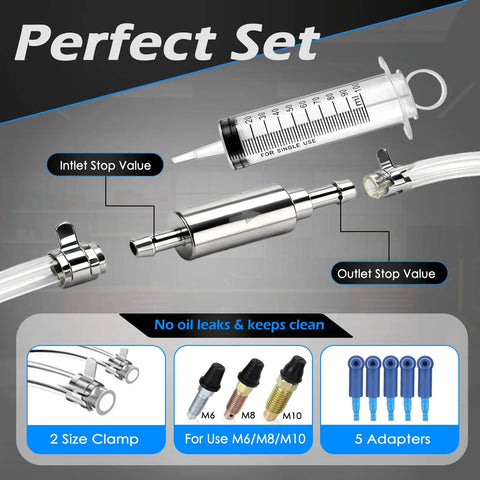One Way Brake Bleeder Kit with 100ml Syringe, 50cm Hose, adapters, clamps, and pressure caps for cars and motorcycles fluid exchange.