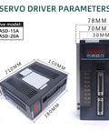 Front and top views of AASD-15A servo drive with brake, 220V AC, metal enclosure, size about 180x210x150 mm.