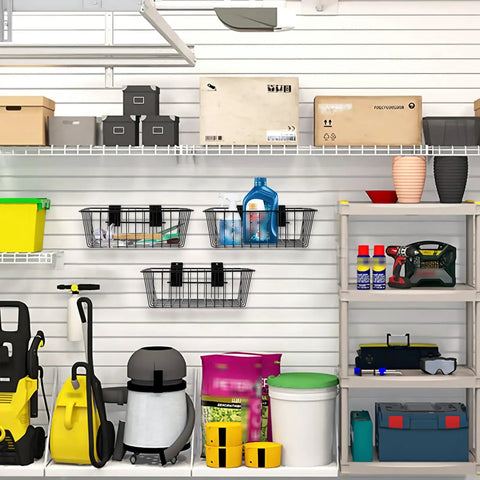 Slatwall Storage Baskets 2 Pack Matte Black Metal Wire Organizer Bins For Wall Panels 11.75 In Wide By 7.875 In Deep By 4 In High Tool Free Mounting Scratch Resistant Finish Durable Slatwall Organizer holding tools and supplies in organized garage setup.