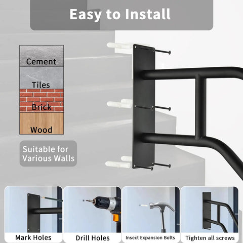 Heavy Duty Wrought Iron Handrails For Outdoor Steps And Indoor Stairs Built Like A Tank With Rustproof Frosted Black Finish installation guide for various wall types.