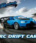 Blue and black RC drift car on racetrack with LED headlights, "Racing" logo above, for outdoor racing and drift sessions.