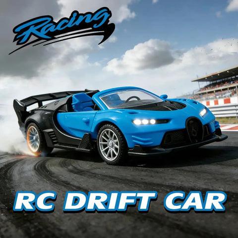 Blue and black RC drift car on racetrack with LED headlights, "Racing" logo above, for outdoor racing and drift sessions.
