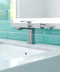 Single Handle 4 Inch Centerset Bathroom Sink Faucet Chrome Finish With Push And Seal Drain Sleek And Slick Modern Design ADA Compliant WaterSense Certified Easy Install For Your Vanity on a white countertop