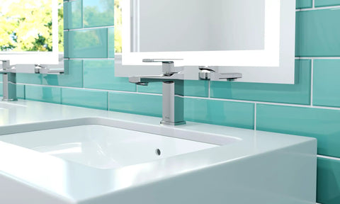 Single Handle 4 Inch Centerset Bathroom Sink Faucet Chrome Finish With Push And Seal Drain Sleek And Slick Modern Design ADA Compliant WaterSense Certified Easy Install For Your Vanity on a white countertop