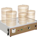 Commercial Electric Steamer for Dim Sum and Steamed Buns, 2 4 6 Hole Stainless Steel Steamer on kitchen counter with bamboo baskets
