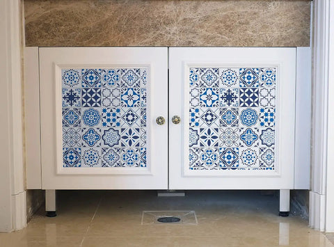 Blue Glossy Peel And Stick Contact Paper Roll Thicker Waterproof Self Adhesive Wallpaper For Countertops Shelves Drawers And Cabinets Durable Oil Resistant Easy Cut 17.7 By 78.7 Inches Covers 9.67 Sq Ft on cabinet doors