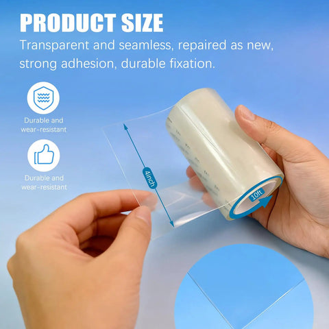 Person holding Waterproof Repair Tape For Fabric, Vinyl Siding Repair Kit, Screen Patch Tape, Air Mattress Patch Kit, 4x10 roll