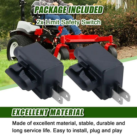 Two Pack Drop In Replacement Limit Safety Switch For Exmark Toro World Lawn Hustler 110-6765 593041 601087 14809 721516 GY20157 K3011-6222 Compatible With Multiple Lawn Mowers shown next to a red lawn mower.