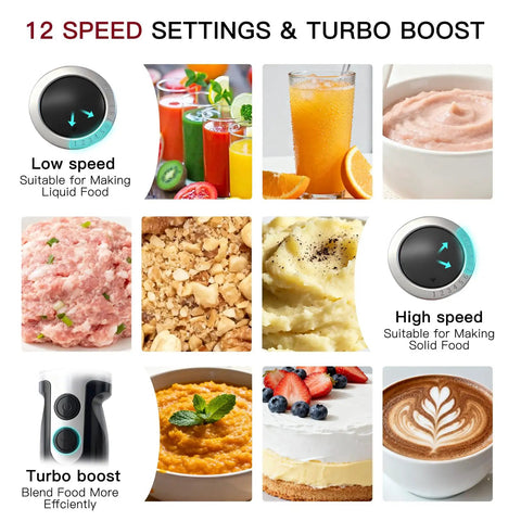 Powerhouse Immersion Hand Blender 12 Speed With 1000W Motor Titanium Reinforced Stainless Steel Blades 3 In 1 System Including Whisk And Milk Frother Black For Smoothies Soups And Sauces speed settings and food examples