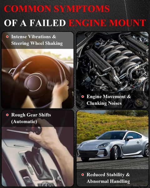 Common symptoms of a failed engine mount including vibrations, engine noise, rough shifts, and instability.