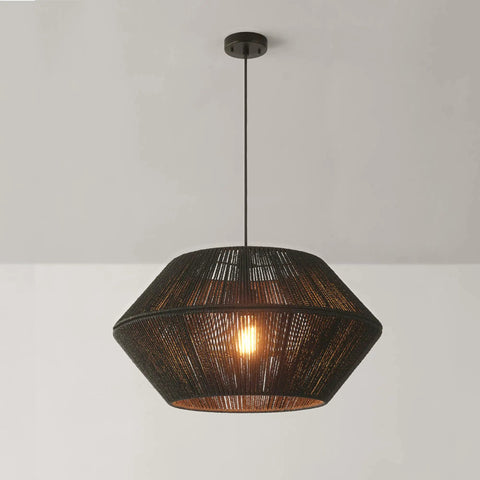 One Light Modern Twine Pendant With Matte Black Canopy And Shade, Natural Jute Twine, Hygge Inspired Hanging Light, Front View