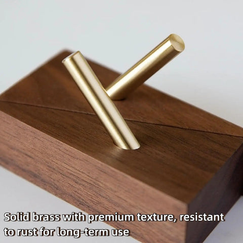 Solid Black Walnut Triangle Wall Hooks With Brushed Brass Caps, Heavy Duty Entryway Coat Rack, Hella Sturdy Key Holder That Keeps Your Living Space Totally Sick And Super Organized, close-up of brass and walnut