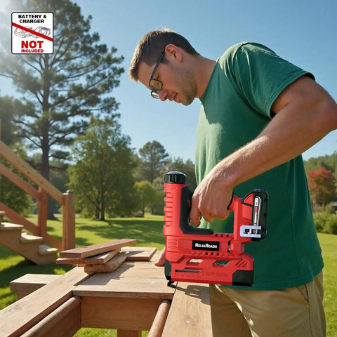 Slick Two In One Cordless 18 Gauge Brad Nailer And Crown Stapler For Diy Home Projects in use on wood outdoors