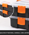 Close-up of Double Side Tool Organizer With Heavy Duty Polymer And Customizable Removable Dividers, orange closures visible