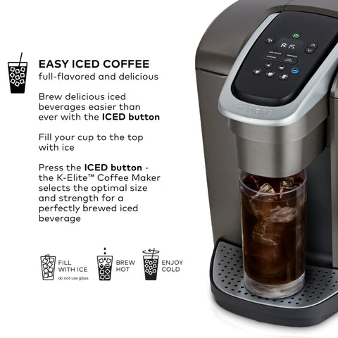 Kick Up Your Morning Routine With This Dope Single Serve Coffee Maker Featuring K Cup Compatibility Strong Brew And Iced Settings Programmable Temp Control Plus Multiple Cup Sizes In Solid Brushed Slate with iced coffee in glass.