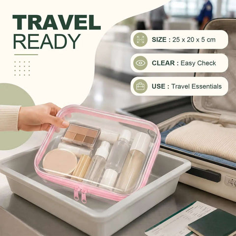 Straight Up Tough Clear Hard Shell Zipper Cases Six Piece Set With Two Large Medium And Small Sizes For Travel Beauty And Everyday Carry In Fresh Pink Heavy Duty Storage Pouches with travel essentials neatly packed.