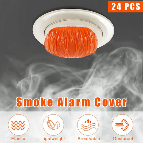 Orange 24 Piece Elastic Smoke Detector Covers For Cooking Or Baking Thickened Plastic Fire Alarm Shield in use, with smoke effects
