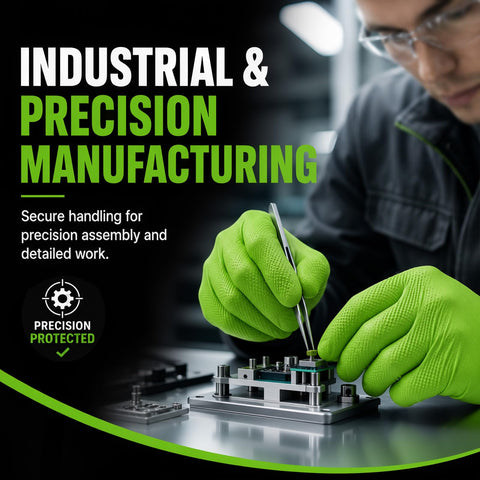 Person using Tough As Nails 8 Mil Green Nitrile Disposable Industrial Work Gloves With Superior Grip Texture For Heavy Lifting And Daily Shop Grind Extra Large Size for precision manufacturing.