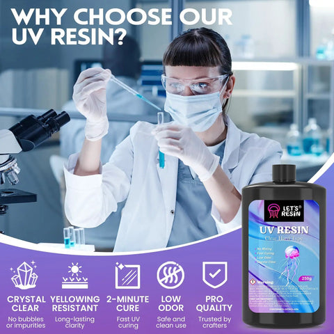 Scientist examining UV resin bottle with 250g clear resin and features, part of Ultimate UV Resin Jewelry Kit With 250g Clear Resin And Upgraded Light 153Pcs DIY Set Molds Glitter Flakes Dried Flowers Bezel Pendants Planet Stickers Earrings And Keychains Starter Kit For Beginners