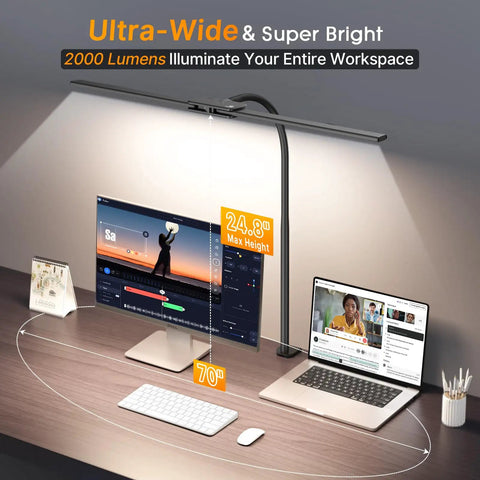 Workspace illuminated by 3 In 1 LED Floor Lamp Desk Clamp On With Remote Control, featuring adjustable gooseneck next to computer screens.