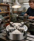 Top Shelf Four Jaw Lathe Chuck 125 Millimeter Single Movement Rig Built Tough With Heavy Alloy for metalworking setup in workshop.