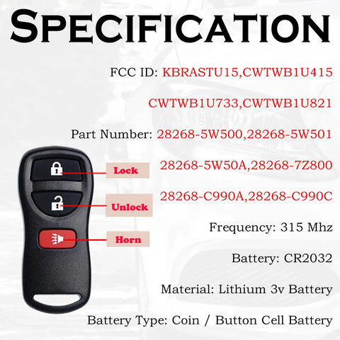 Keyless Entry Remote Key Fob Replacement Plug And Play Fits Nissan Xterra Frontier with part specifications and FCC ID.