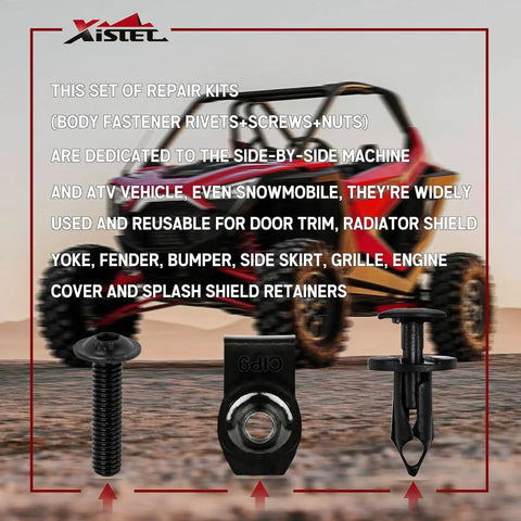 Polaris Ranger RZR Body Panel Screw Kit Replacement With M6 Torx Screws, U Type Flat Nuts, Plastic Rivets in desert background