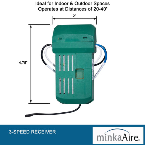 Handheld Ceiling Fan Remote Control System with 3-speed receiver, shown with dimensions, works with pull-chain fans, 20-40 ft range.
