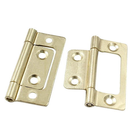 Heavy Duty Ten Pack Two Inch Gold Non Mortise Door Hinges With Mounting Screws for a Straight Shot installation, showing the hinges.