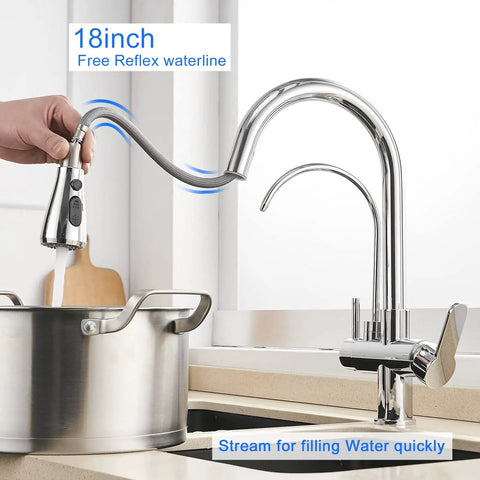Two Handle Kitchen Sink Faucet With Pull Down Sprayer Hot And Cold Water Built In RO Filtration 3 In 1 Water Purifier