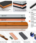 Knife Sharpening Stone Set With 4 Sides Grit 400 1000 And 3000 8000 Water Stones All In One Whetstone Kit With Non Slip Bamboo Base Flattening Stone Angle Guide Leather Strop Polishing Compound And Honing Guide components displayed