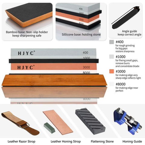 Knife Sharpening Stone Set With 4 Sides Grit 400 1000 And 3000 8000 Water Stones All In One Whetstone Kit With Non Slip Bamboo Base Flattening Stone Angle Guide Leather Strop Polishing Compound And Honing Guide components displayed