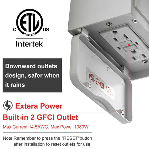 Close-up of waterproof porch light with built-in GFCI outlet and dusk to dawn motion sensor