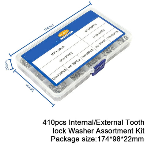 Internal Star Tooth Lock Washers Assortment Kit Featuring 410 And 820 Pieces in clear box with size details