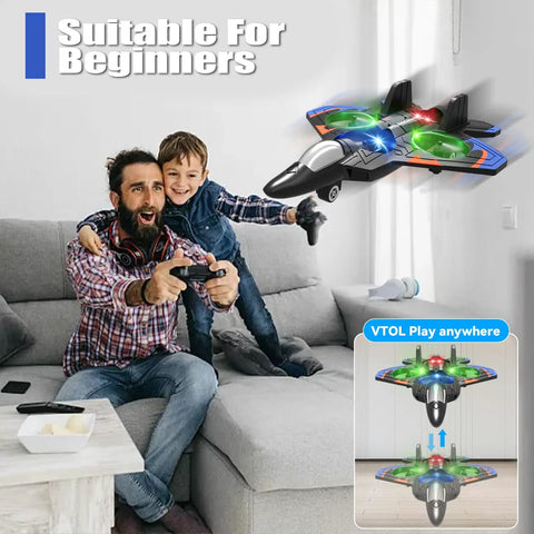 Father and son playing with V32 Foam RC Plane With 3 Batteries Remote Control Airplane For Kids And Adults 8 To 16 Light Up Jet indoors