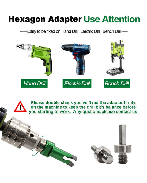 Tile Hole Saw Kit Set With Diamond Core Drill Bits showing hexagon adapter for hand, electric, and bench drills.
