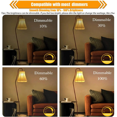 Four images showing a dimmable lamp with 12 Pack Dimmable LED Light Bulbs ST19 Vintage Edison Style E26 Bulbs 40 Watt Equivalent 2700K Soft Warm White 4W