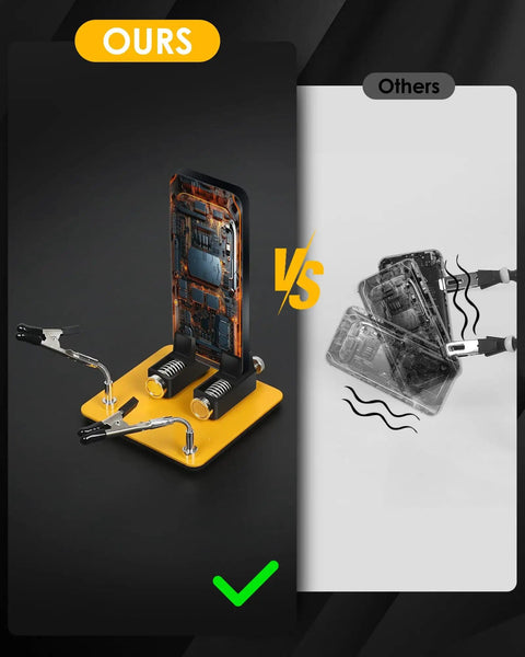 Comparison image showing Helping Hands Soldering Station With 2 Way Magnetic PCB Holder Clamps securing a circuit board versus another tool.