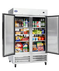 Rock Solid Stainless Steel Two Door Commercial Freezer 54 Inch Wide 49 Cubic Foot Reach In Unit with open doors and various stored items.