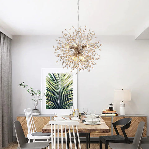Boho Dandelion Wooden Beads Chandelier With Eight Lights Dope Modern Firework Pendant Ceiling Light Adjustable Height Hanging Fixture For Living Room Dining Room Bedroom Kitchen Foyer Bulb Included over dining table