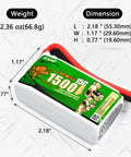 2 Pack 7.4V 1500mAh Li Ion Battery High Rate For 1 10th 1 12th And 1 16th RC Off Road Cars, dimensions and weight shown
