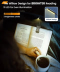 Clip On Book Light With 10 LEDs And Three Color Temperatures For Late Night Reading in use on an open book at night