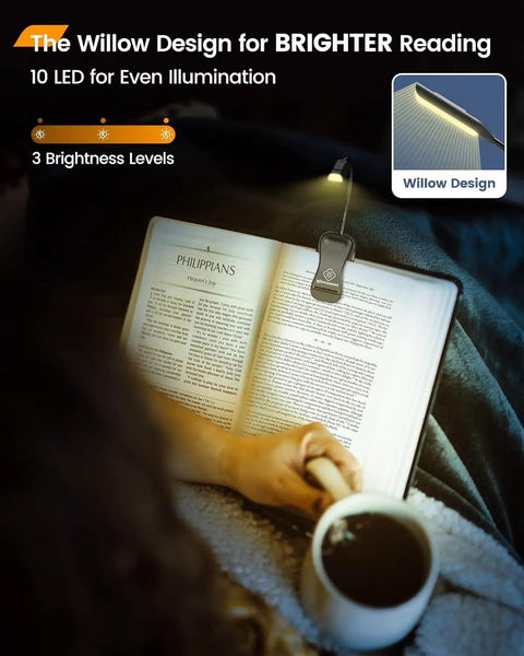 Clip On Book Light With 10 LEDs And Three Color Temperatures For Late Night Reading in use on an open book at night