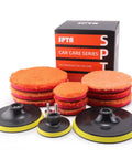 Go-To Microfiber Polishing Pads Kit 14 pcs 3 Inch 5 Inch 6 Inch for DA and RO Car Polisher on display with backing plates included