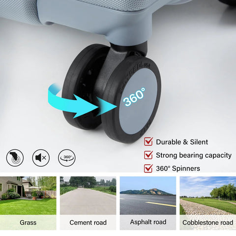 Close-up of spinner wheels on Underseat 16 Inch Carry On Luggage For Travel Lightweight Hard Shell With Spinner Wheels Airline Approved