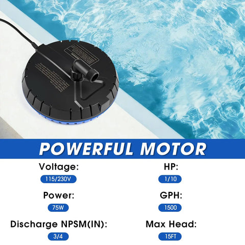 Automatic Pool Cover Pump 1500 GPH Submersible Sump for Quick Pool Drainage with 25 ft Power Cord, top view near pool edge
